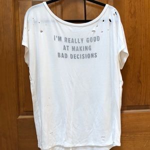 Distressed off the shoulder graphic T